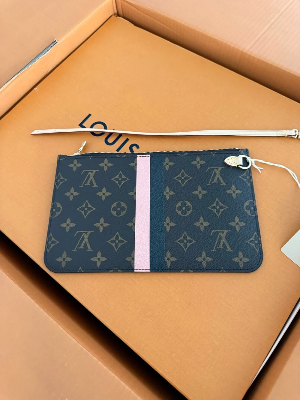 Louis Vuitton Brown Monogram Wristlet with Pink Stripe and Patch